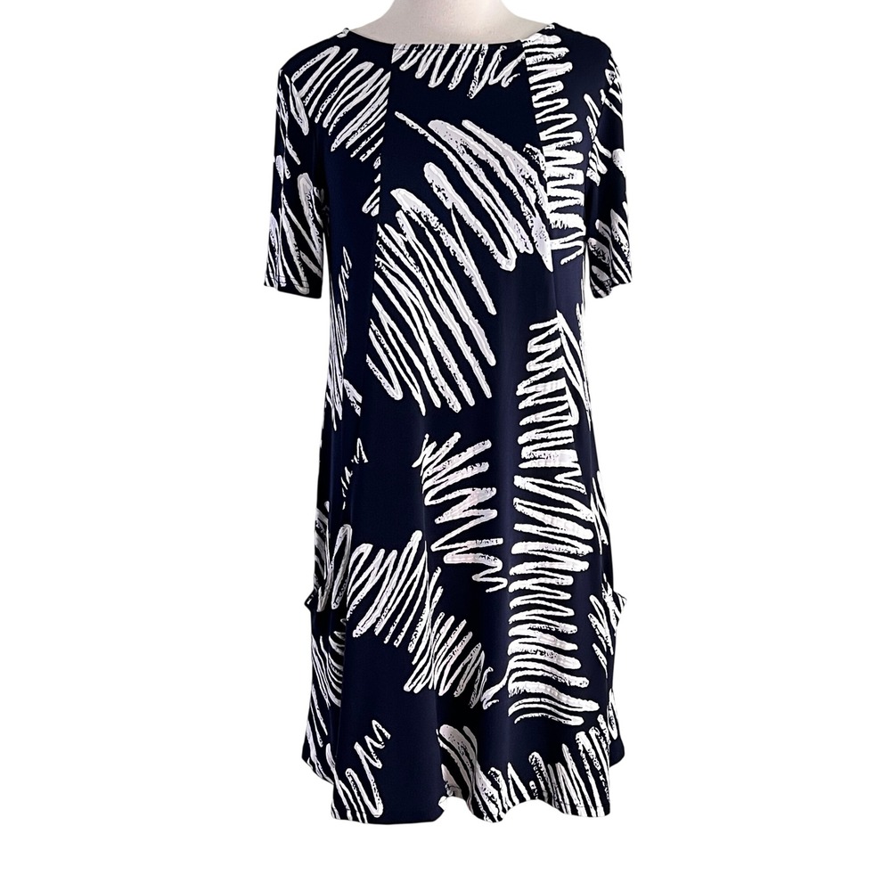 Joseph Ribkoff Shift Dress 4 Womens Abstract Scribble Navy Blue Pockets Mod Art